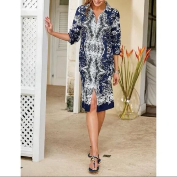 Soft Surroundings Navy Floral Linen-Blend Shirt Dress - Picture 8 of 10